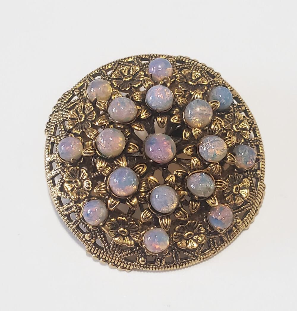 Vintage Opaline Glass Cabochon Gold Tone Combo Pin Brooch Pendant